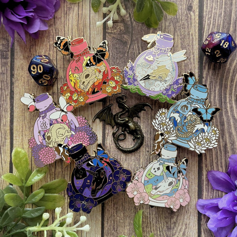 Elemental Potion Pin, Lapel Pin, Witch Pin, Potion Bottles, Fantasy Pin, Magical Potion Pin, Witchy Vibe Pin, TTRPG Pin, Skull Pin