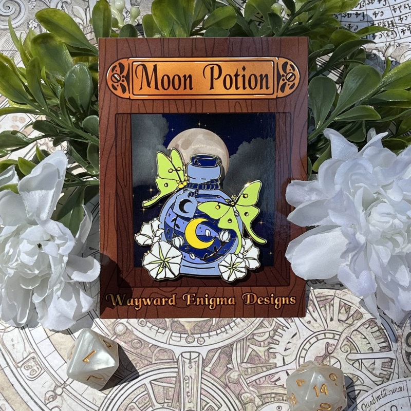 Moon Potion Pin, Lapel Pin, Witch Pin, Potion Bottles, Fantasy Pin, Magical Potion Pin, Witchy Vibe Pin, TTRPG Pin, Lunar Potion, Moth Pin