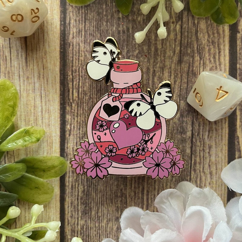 Love Potion Pin, Lapel Pin, Witch Pin, Potion Bottles, Fantasy Pin, Magical Potion Pin, Witchy Vibe Pin, TTRPG Pin, Skull Pin