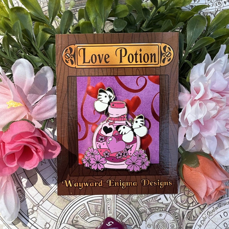 Love Potion Pin, Lapel Pin, Witch Pin, Potion Bottles, Fantasy Pin, Magical Potion Pin, Witchy Vibe Pin, TTRPG Pin, Skull Pin