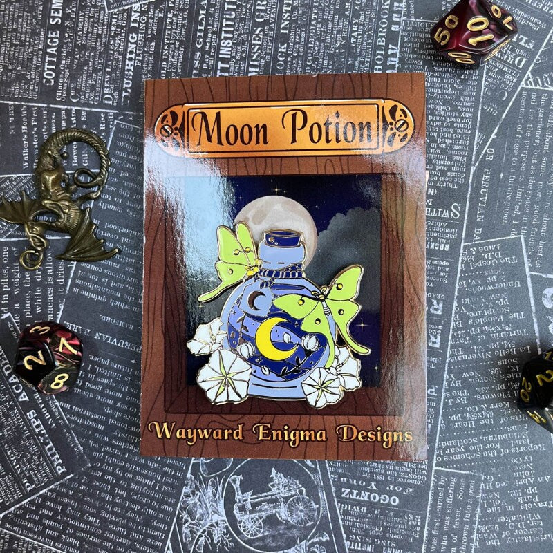 Moon Potion Pin, Lapel Pin, Witch Pin, Potion Bottles, Fantasy Pin, Magical Potion Pin, Witchy Vibe Pin, TTRPG Pin, Lunar Potion, Moth Pin