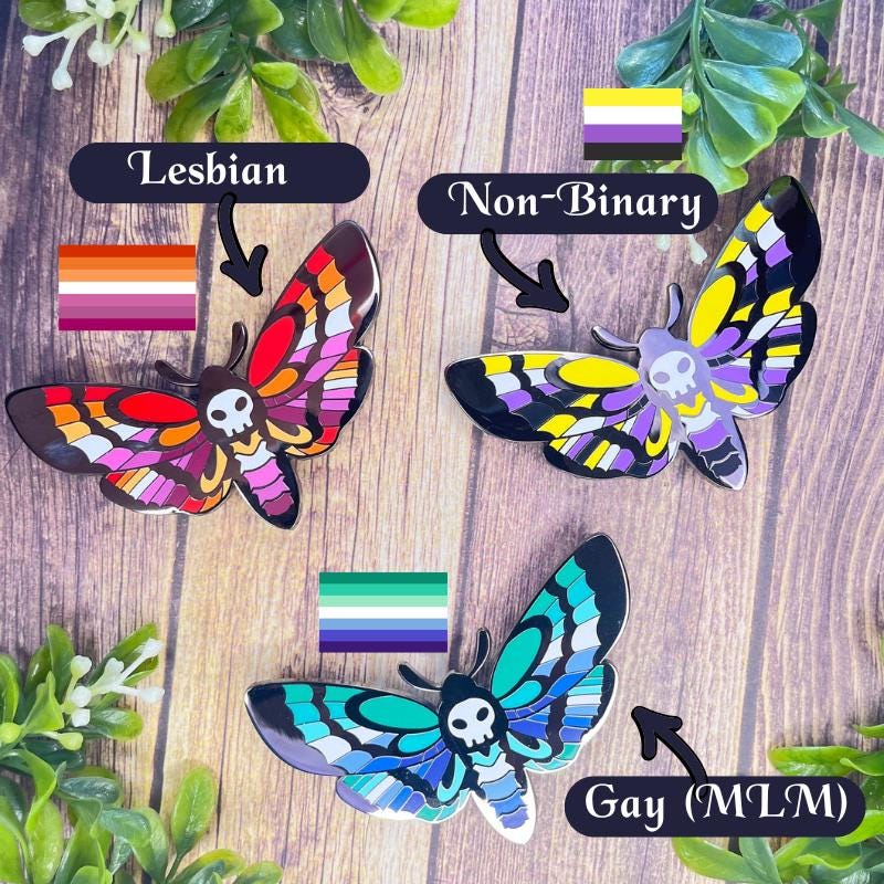 XL Pride Moth Pin, Lapel Pin, Pride Pin, LGBTQIA+ Pin, Gay, Bisexual, Ace, Asexual, Pansexual Pin, Trans Pin, Transgender