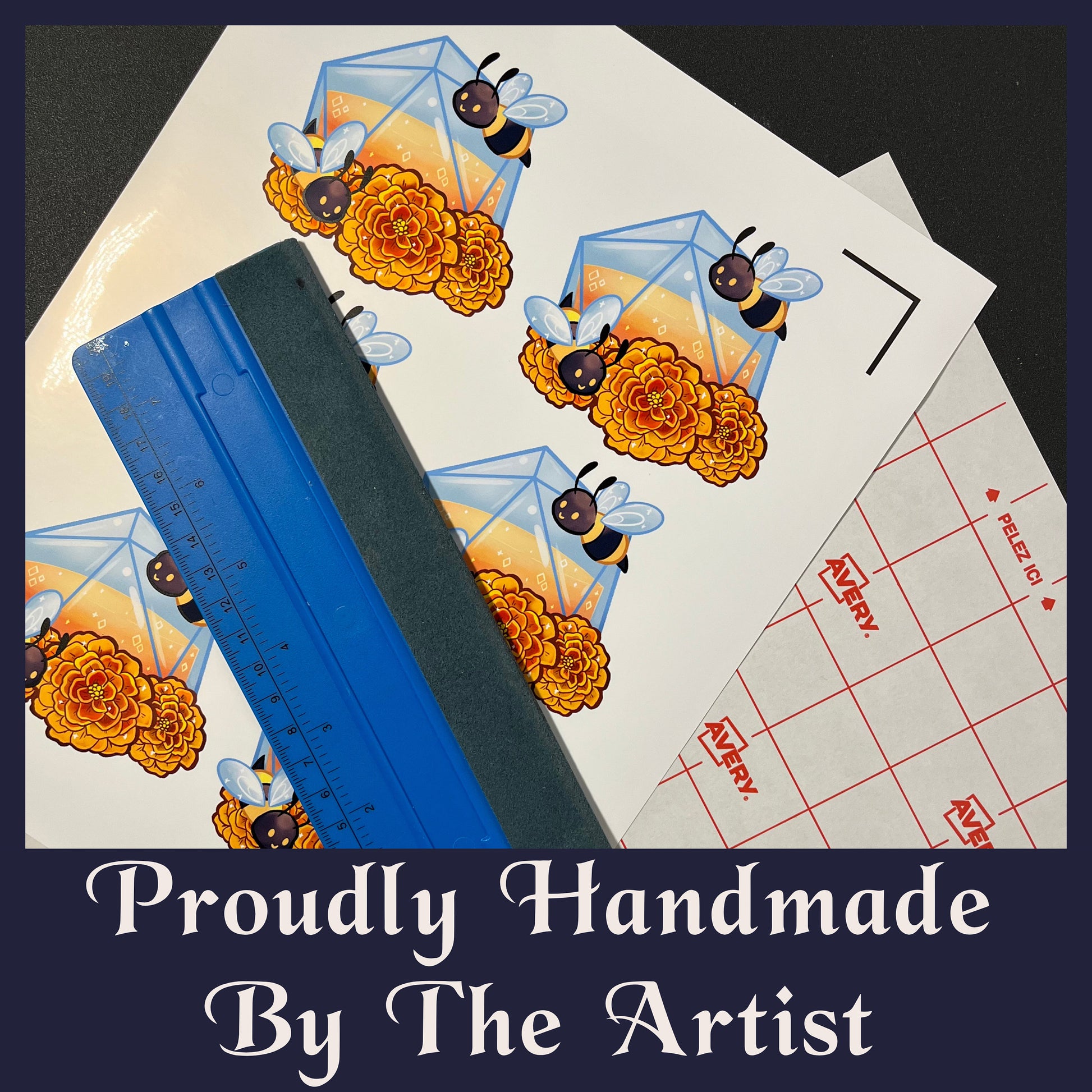 A notice that each sticker is handmade by the artist.
